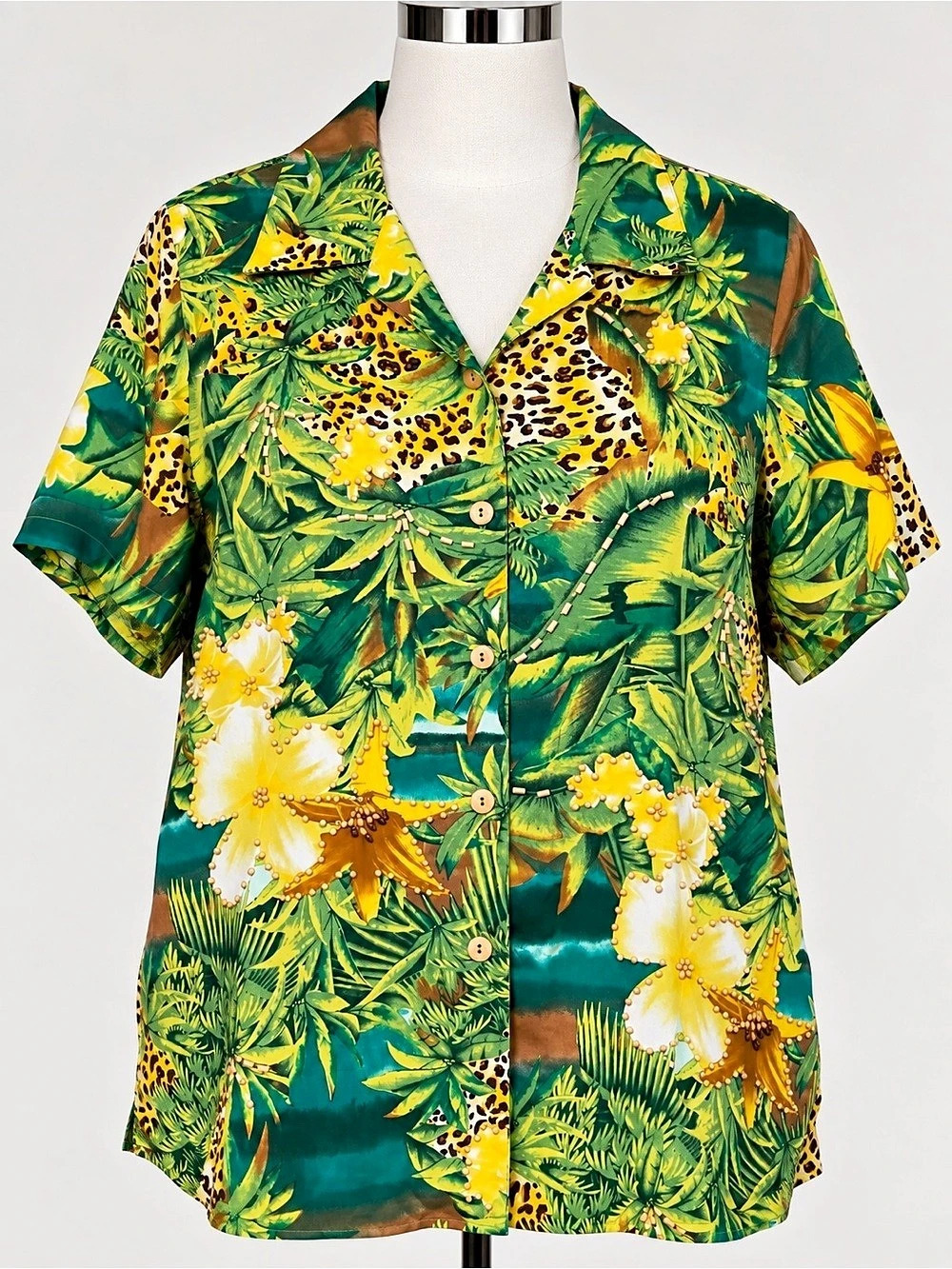 Vintage 90s Diane Gilman 100% Silk Tropical Leopard Floral Beaded Blouse 1X